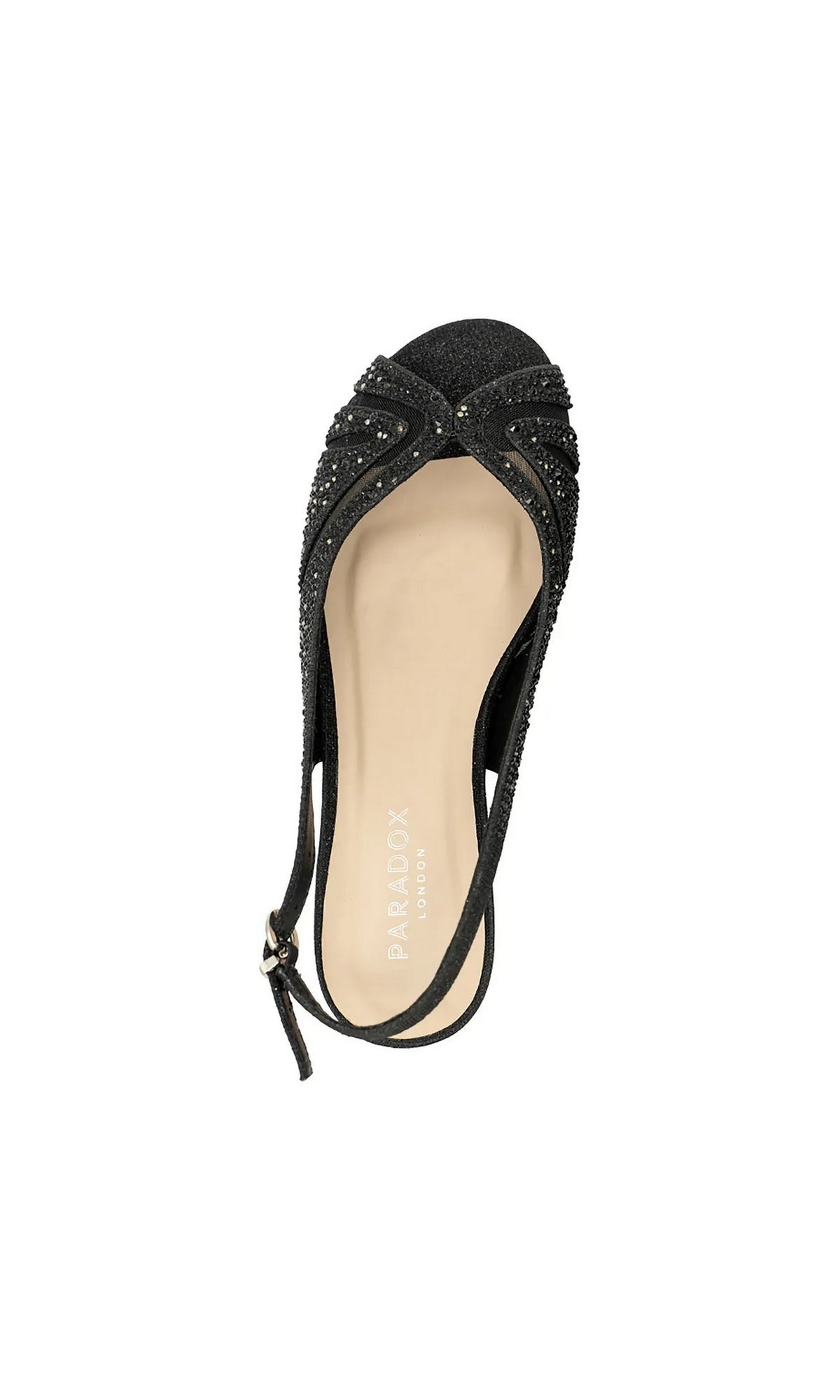 Jocelyn Black Prom Shoes: Paradox London P2406 black glitter peep-toe slingback wedge heels with a decorative knot at the toe.